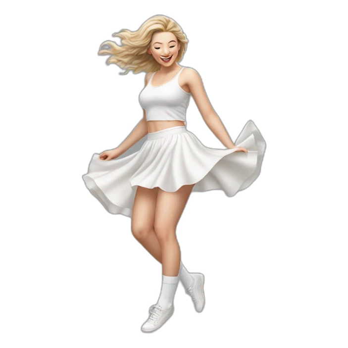 Hyperrealistic Full body Caucasian curvy beauty jumping short white skirt back and front views strong wind knickers long white socks sticker
