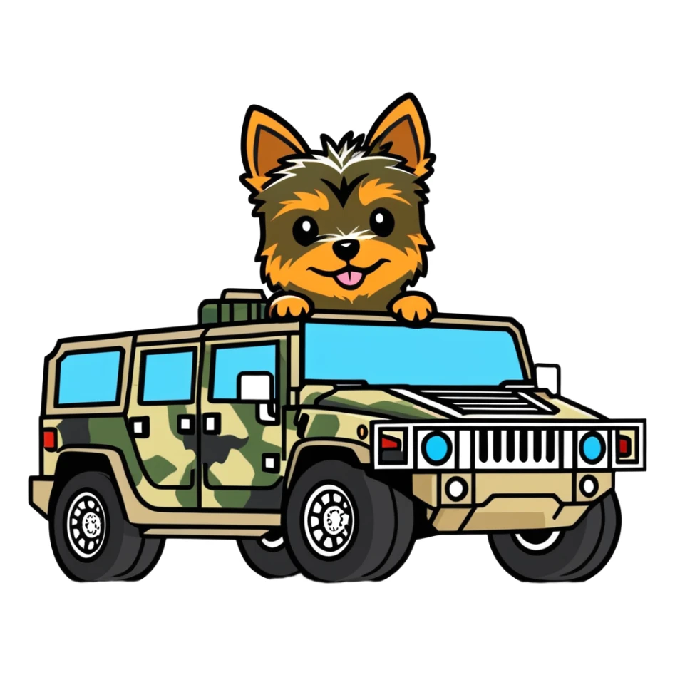 yorkie dog driving a camo hummer  sticker