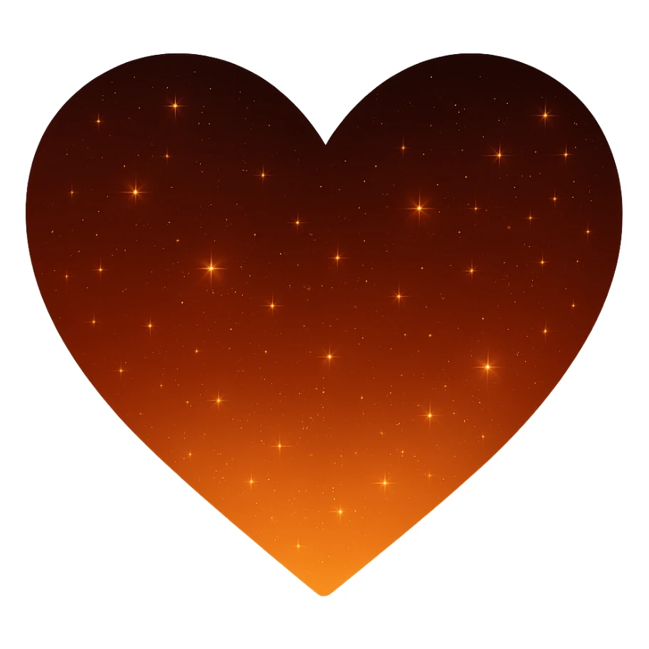Modify the heart with a night sky gradient to orange night theme with a orange gradient, more stars, and a soft glow. Remove the background entirely  sticker