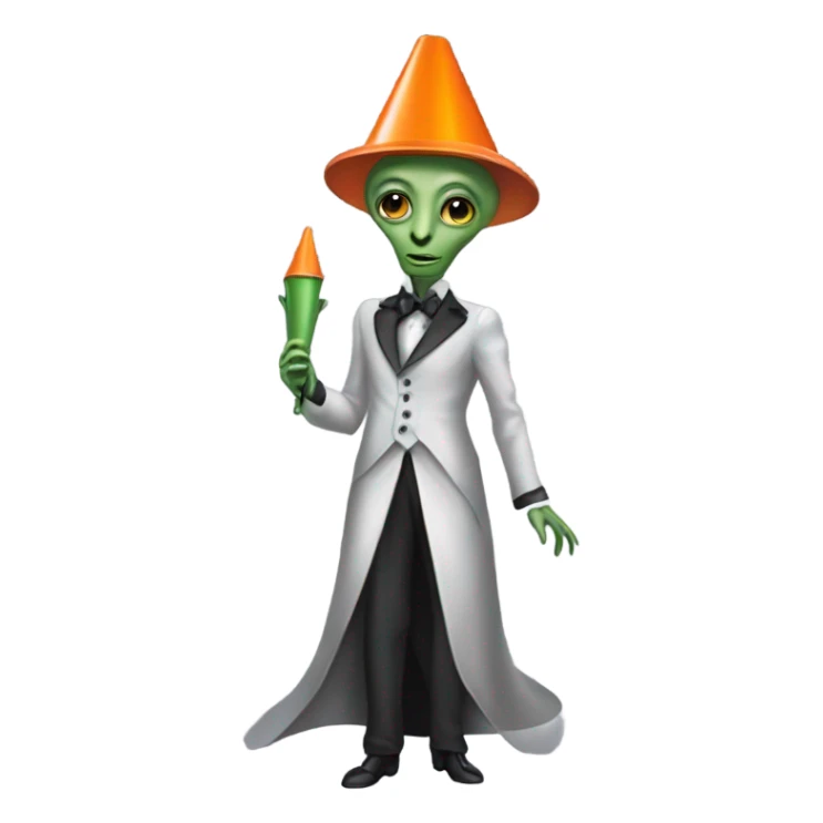 alien galora in Victorian dress elegant, full body, holding "big traffic cone" sticker