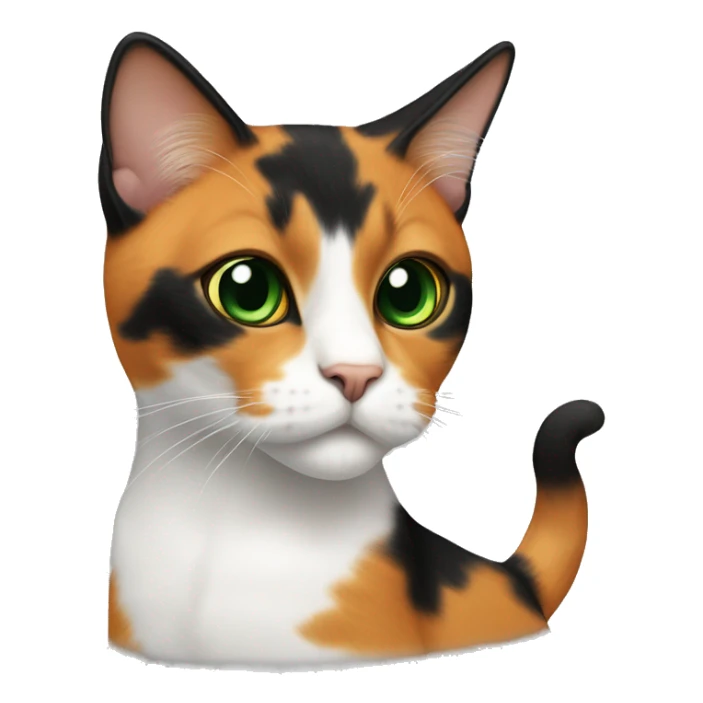 calico cat with green eyes.  a distinct black pattern around her eyes, The orange fur on her face extends from her forehead down to her mouth, creating a. Her chest and front legs are mostly white, sticker