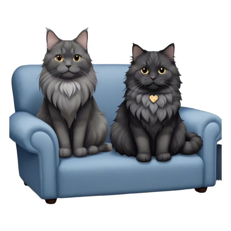A large black smoke Maine Coon cat with long grey ear tufts and a fluffy grey ruff, sitting next to a chubby British Shorthair cat in blue color with plush fur, both sitting comfortably on a sofa. Beautiful room background with flowers and soft lighting. Transparent background. sticker