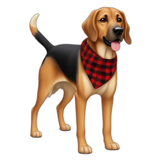 adult 75% Coonhound 25% German Shepherd mix dog with visible tail wearing small pointed red buffalo plaid bandana full body walking left quickly sticker