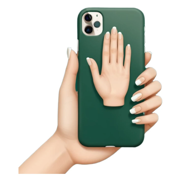 female hand with nude manicure (5 fingers) holding a white iPhone in a dark green case, angled view, minimalism, emoji style sticker