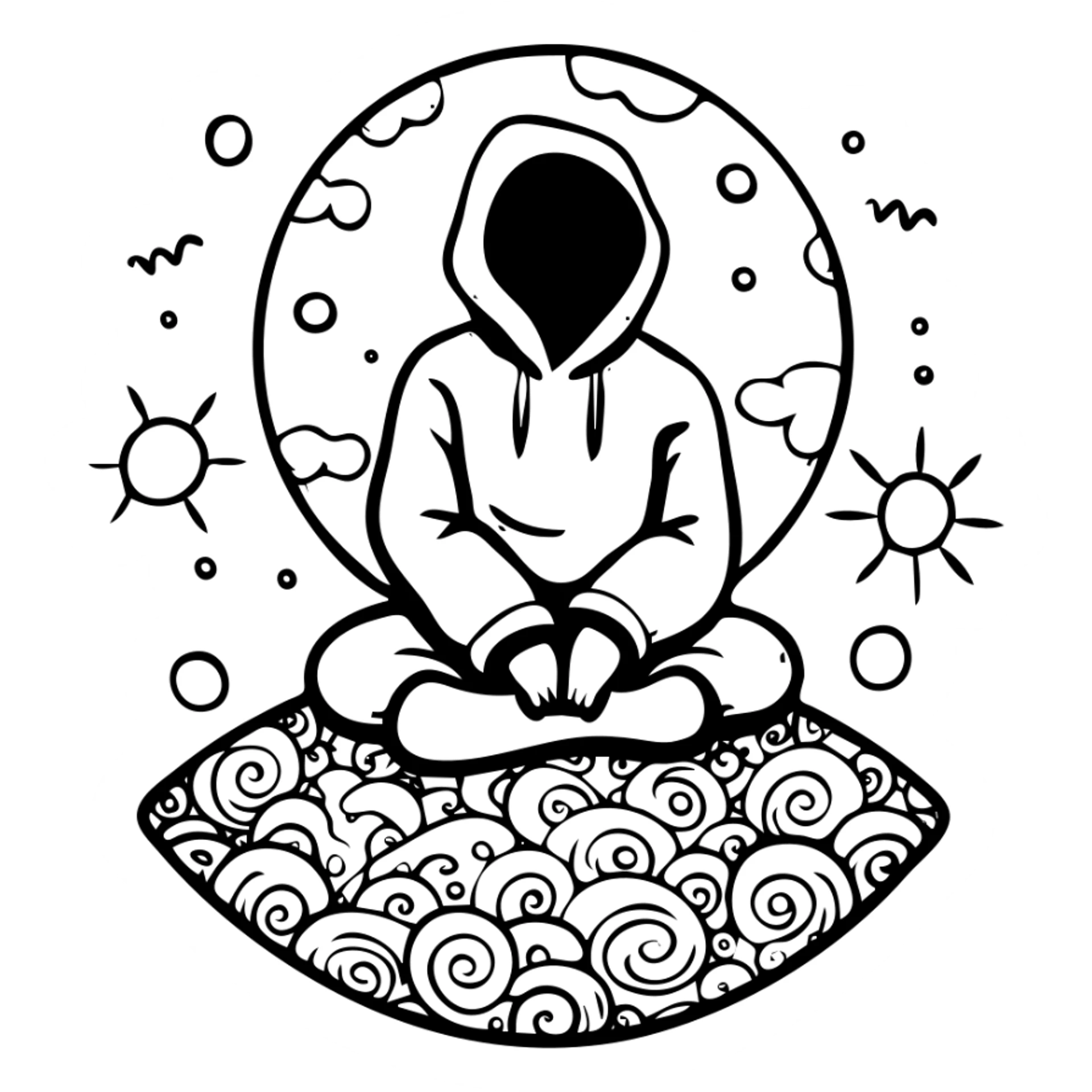 Hooded figure on cosmic earth surface, psychedelic patterns and energy flowing beneath, surreal sky above sticker