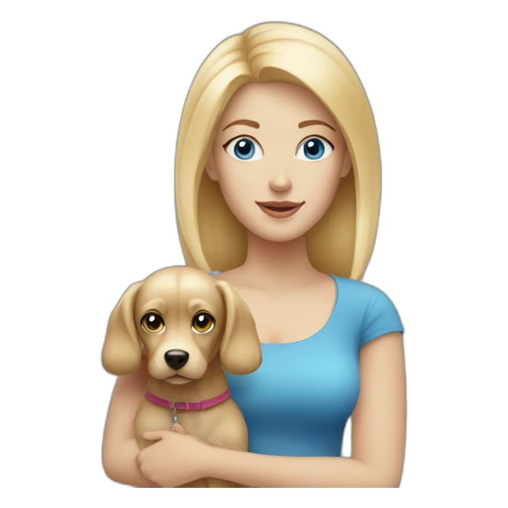 Blond woman with blue eyes with a small blond dog sticker