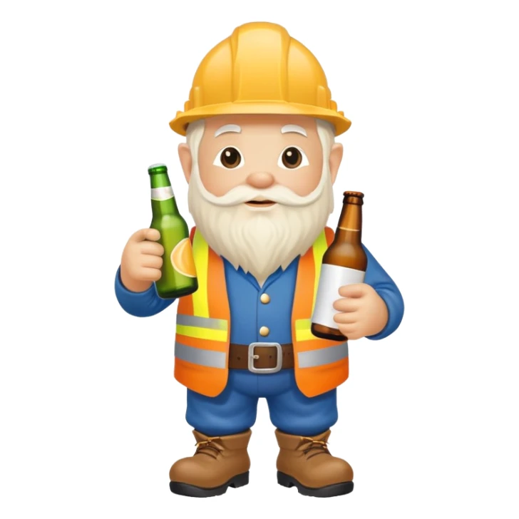 Garden gnome wearing construction clothes holding a bottle of beer sticker
