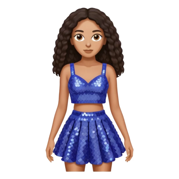 Solange with dark brown long hair, periwinkle sequin crop top and skirt sticker