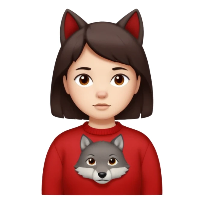 make a girl that has a boyish wolf cut thats right above the shoulders, give her a red sweater that says “ About you, the 1975 “ and make her face just right chubby but slso not too chubby. ( make it a white background and make the hair dark brown and also the eyes dark brown ) sticker