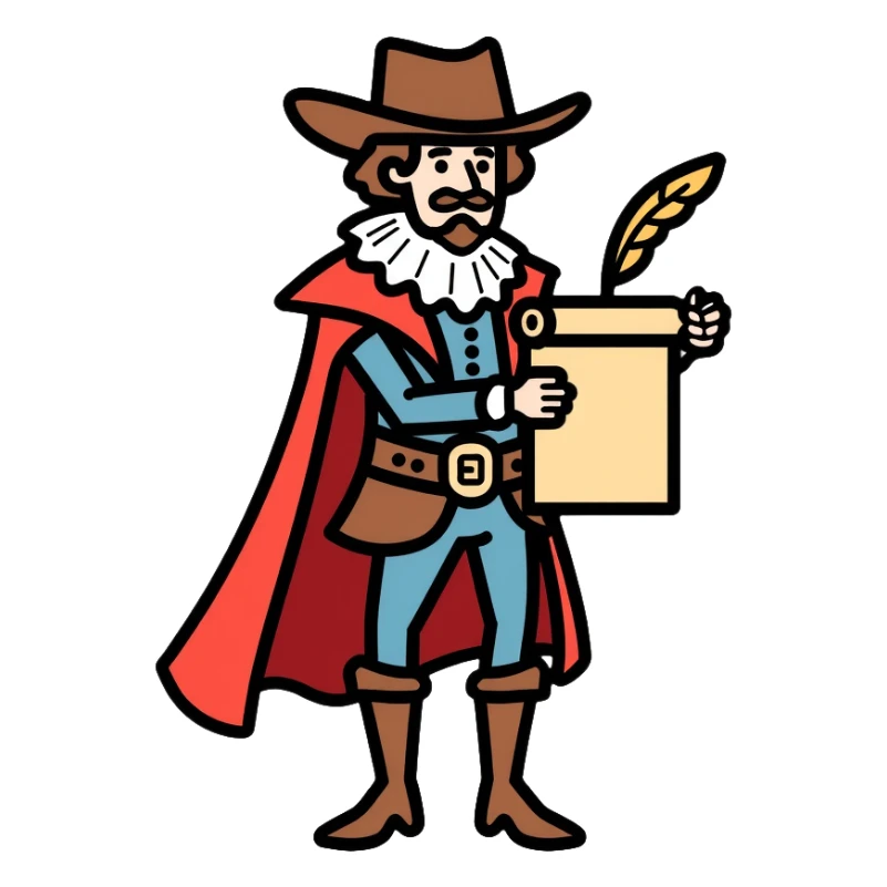 Shakespeare in a cowboy outfit with a scroll and quill sticker