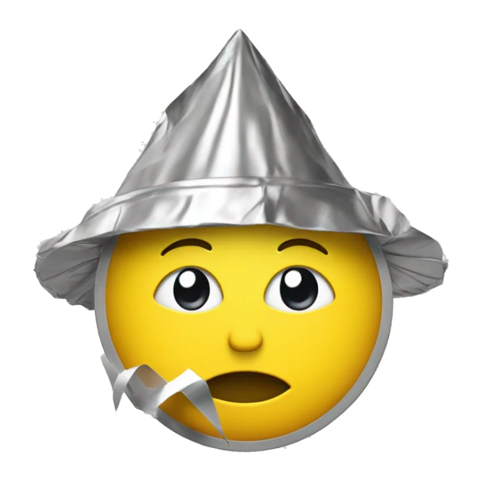 Thoughtful yellow emoji with crunched pointy tin foil hat sticker