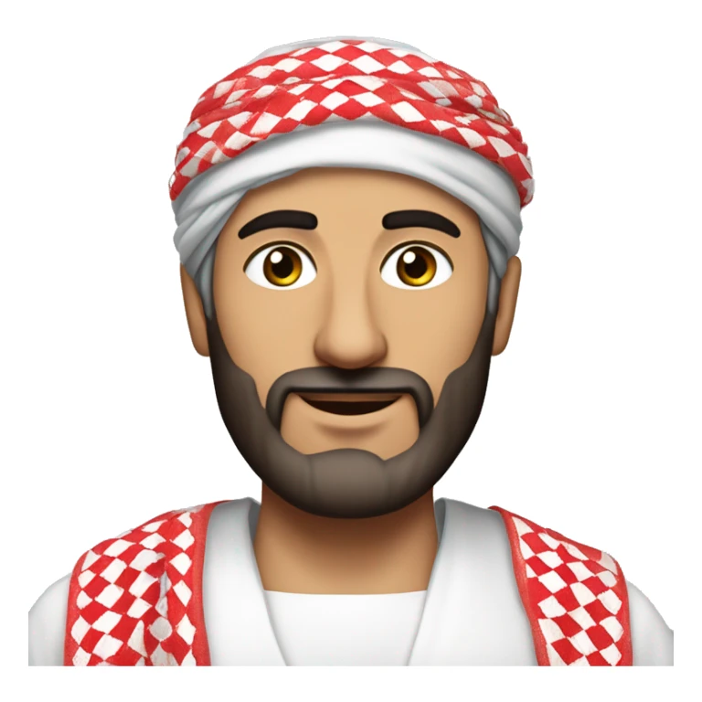 Middle Eastern Man in His 40s, Wearing a traditional thobe (long white garment) and a red-and-white checkered keffiyeh (headscarf) on his head, short beard. sticker