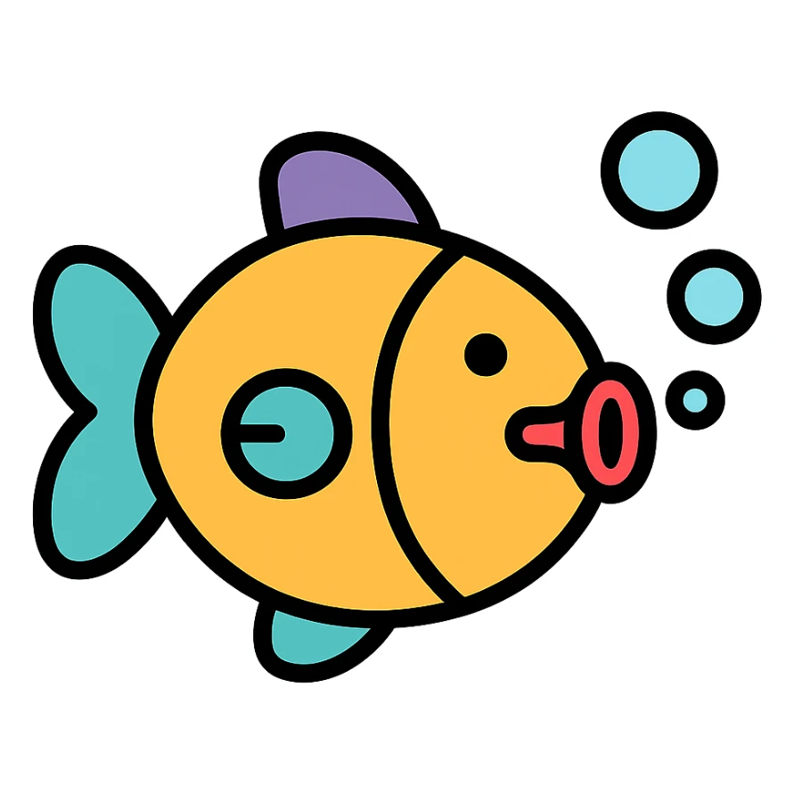 icon of a stylized fish-shaped bubble machine, modern, clean, no text sticker