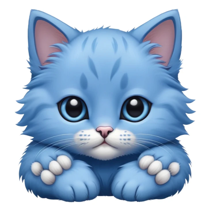 The head of a blue kitten with large eyes, resting on its big paws. Minimalist design with no detailed features, focusing on the kitten's adorable face and large paws. sticker