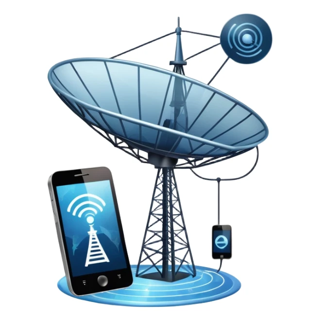 An icon featuring a satellite dish, a cell tower emitting signals, and a smartphone displaying a chat interface. The design includes fiber-optic cables and data waves, symbolizing global communication, connectivity, and information exchange. Transparent background. sticker
