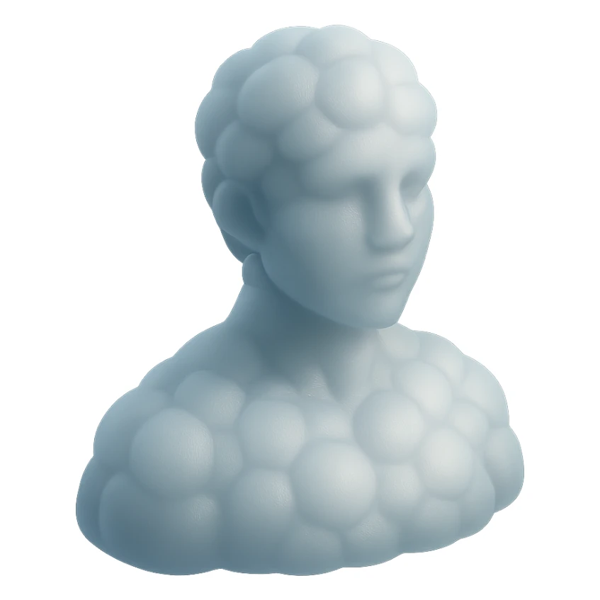 person looking straight, composed entirely of white fluffy convex clouds, shoulders up, matte glass style sticker
