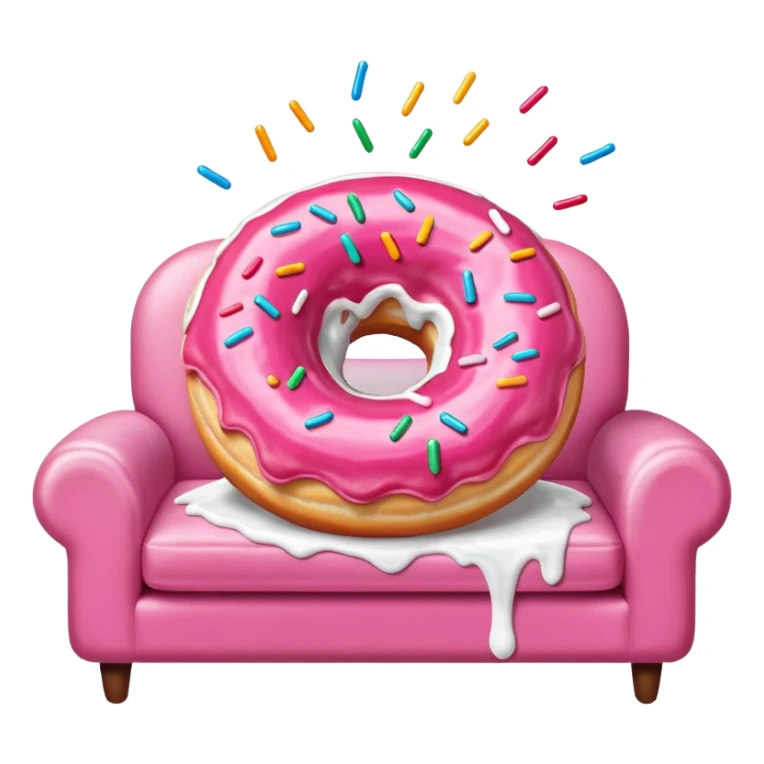 White icing running through a pink donuts hole spilling out onto a couch to make a sticky mess sticker