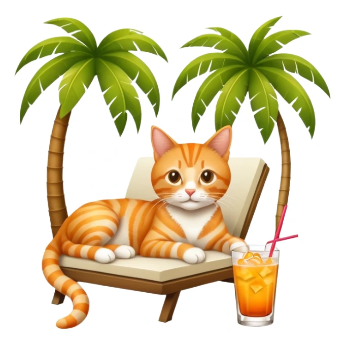 Orange tabby cat lounging under a palm tree with a mai tai tropical drink sticker