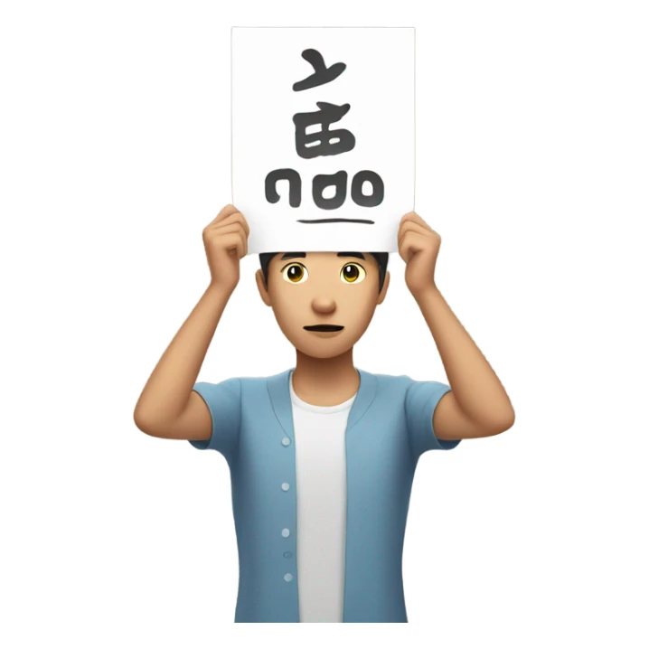 asian person holding lage paper sign above their head with both hands sticker