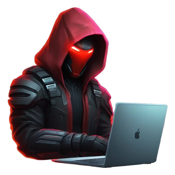 developer behind his laptop with this style : crysis Cyberpunk Riot Games Valorant neon glowing bright red character red dark black hooded assassin themed character sticker