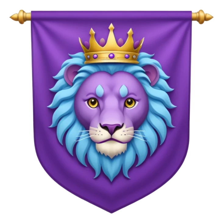 Medieval banner that is Purple and light blue color scheme with a lion sticker