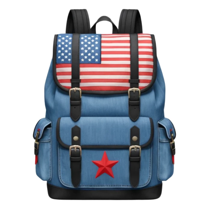 a blue denim backpack with a flap top, two vertical black buckle straps on the front. The backpack has two side pockets and a soft square shape. at front view bottom pocket, red and with two divided logo like simple american flag

 sticker