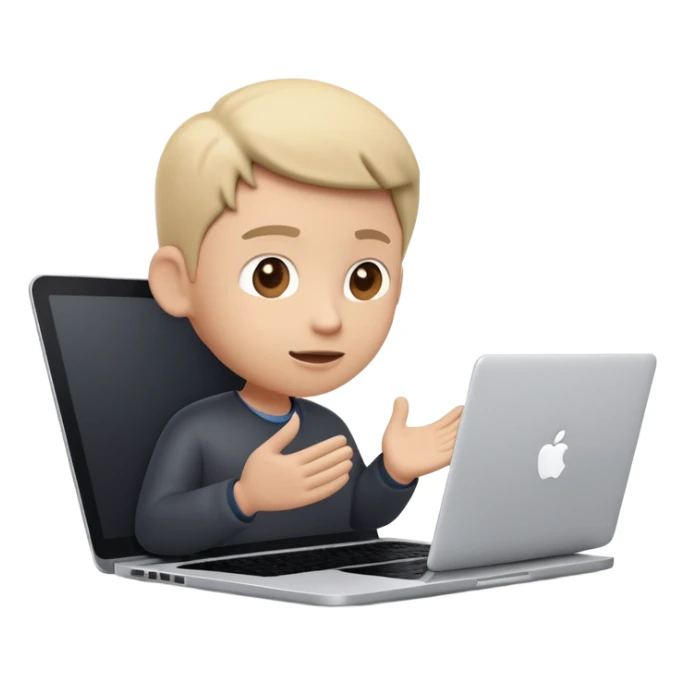 A dark-colored laptop with the screen open. From the screen, a person is emerging, standing or sitting as if giving a lecture or teaching. The person should look expressive and in a teaching pose. Soft shadows, semi-3D Apple emoji style, clean white background. sticker