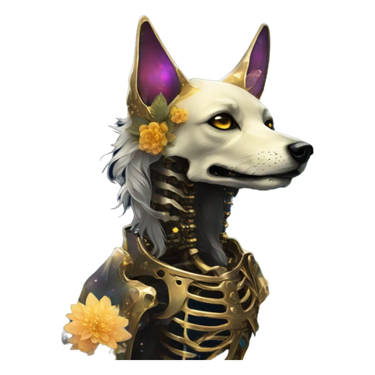 Black iridescent dog fox zombie skeleton gold mechanical nebula galaxy stars flowers fairy lights vintage sticker