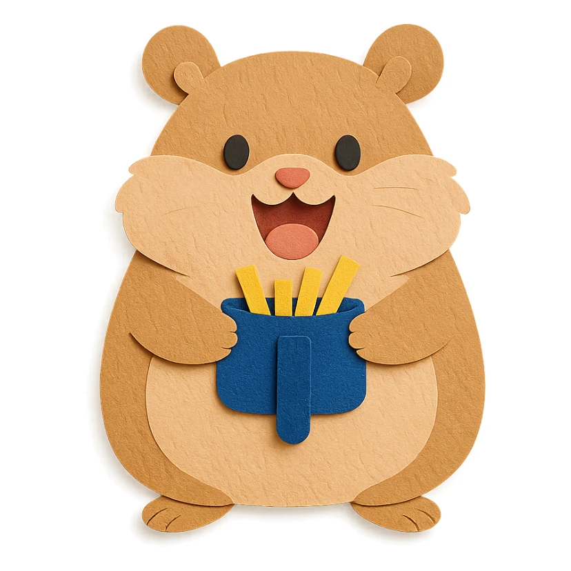 fluffy air fryer hamster holding tiny crispy fries, excited face, soft brown, full-body sticker