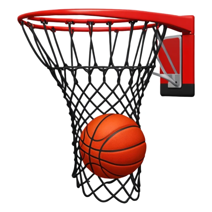 Red and black basketball halfway through net, freeze frame moment, iOS emoji style sticker