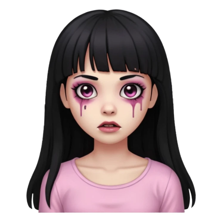 light-skinned Black zombie girl with black eyes, long black hair with bangs, wearing a light pink blouse sticker