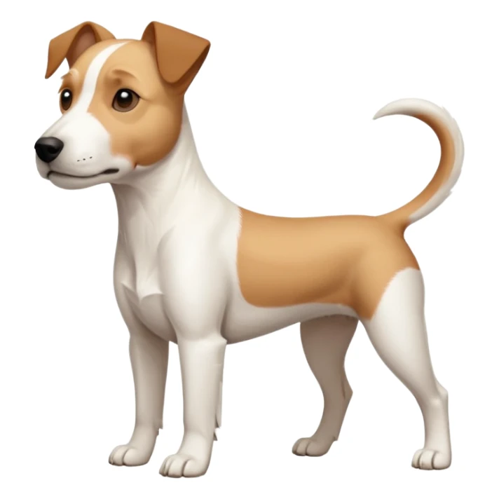 a full body facing front on of a buff white parson russell terrier looking dog the size of a kelpie with light brown long ears resting on its face and a light brown patch on one eye and a large snout. the rest of the dog is completely white.  sticker