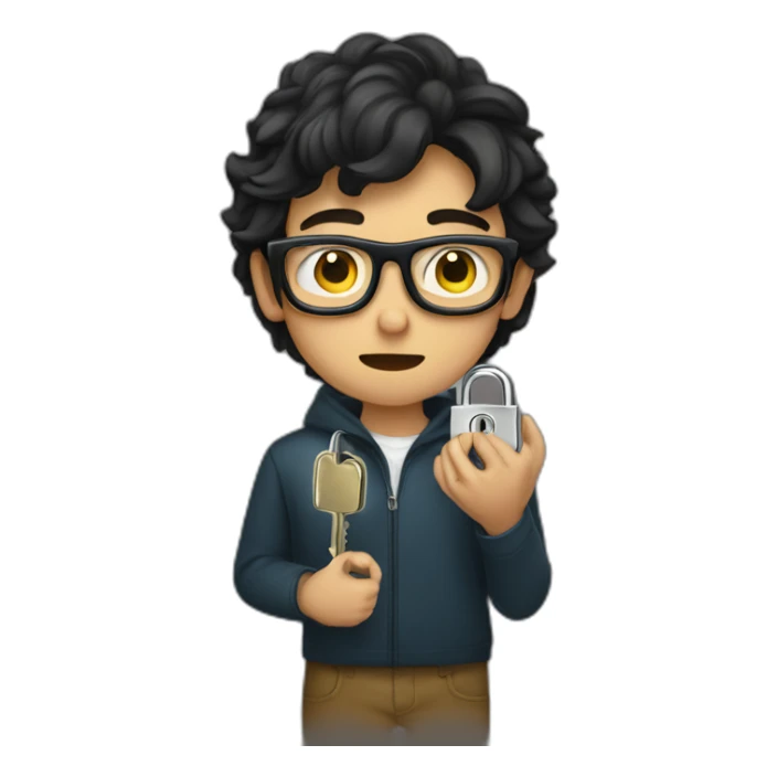 dark-haired young man with glasses struggling to fit a key into a lock sticker