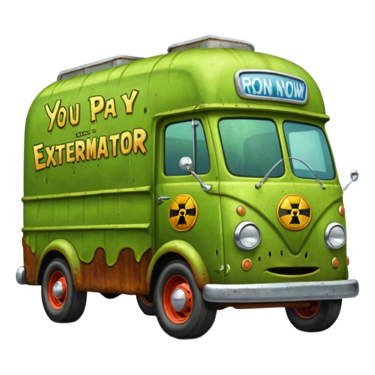 Heroic  SuperBug Ron’s slime-oozing exterminator antique tall moving van hot rod(motto: You pay me now!) sticker