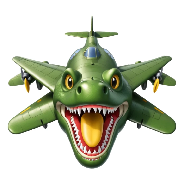 crocodile's head with open mouth sharp teeth fused onto a WWII bomber plane's metallic body with wings and propellers emoji style absurd meme humor sticker
