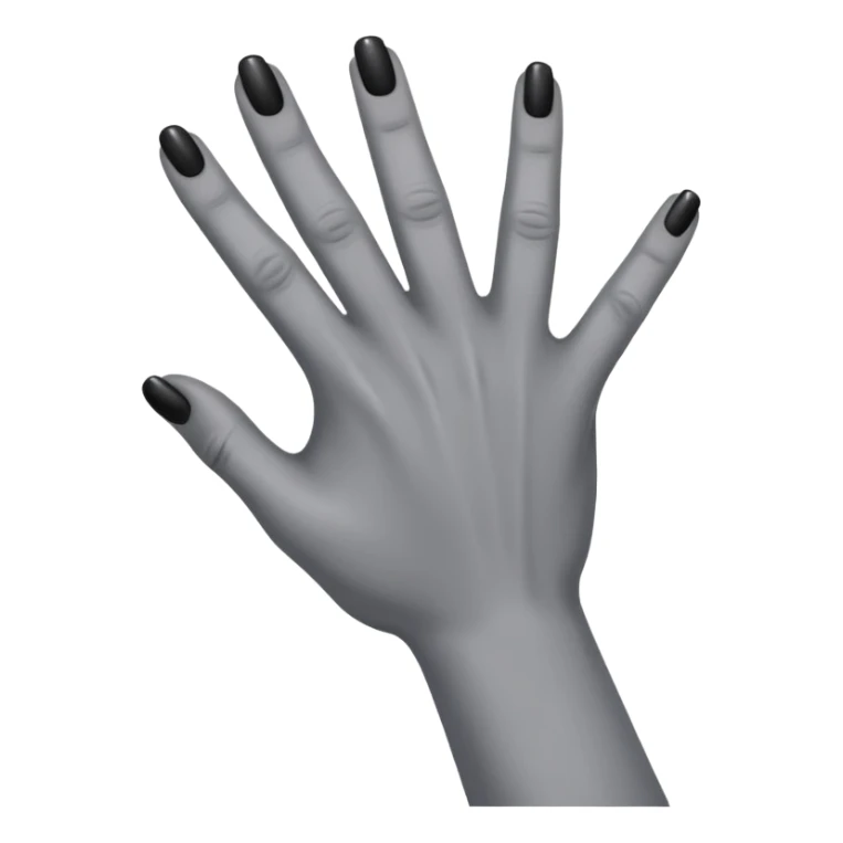front angle view of a grey colored arm and 5-fingered hand reaching out, black finger nails behind sticker