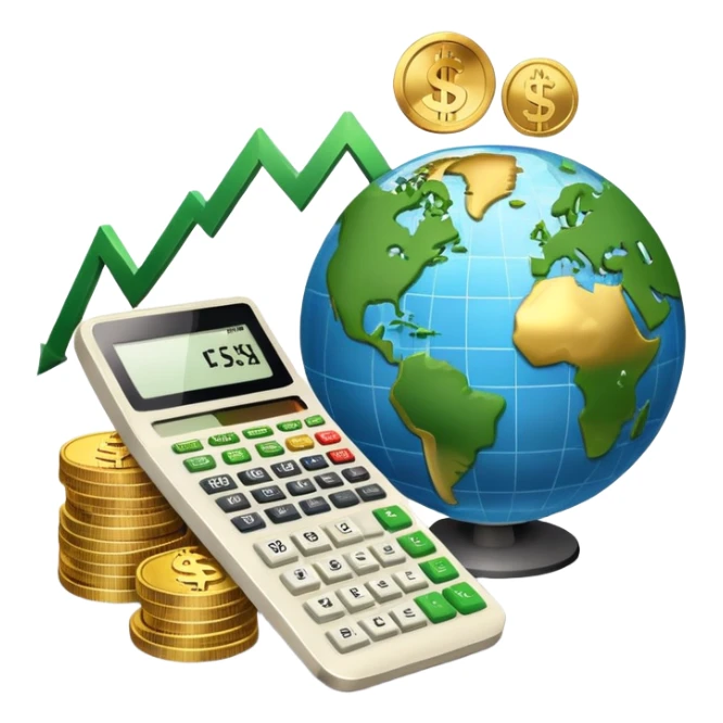 An icon featuring a calculator, a dollar sign, and a chart with upward trends, symbolizing economics. The design includes coins, bills, and a globe, representing global trade and financial systems. Transparent background highlights the study of markets, supply, and demand. sticker