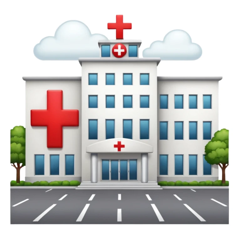 A hospital building with a red +. In PNG format. sticker