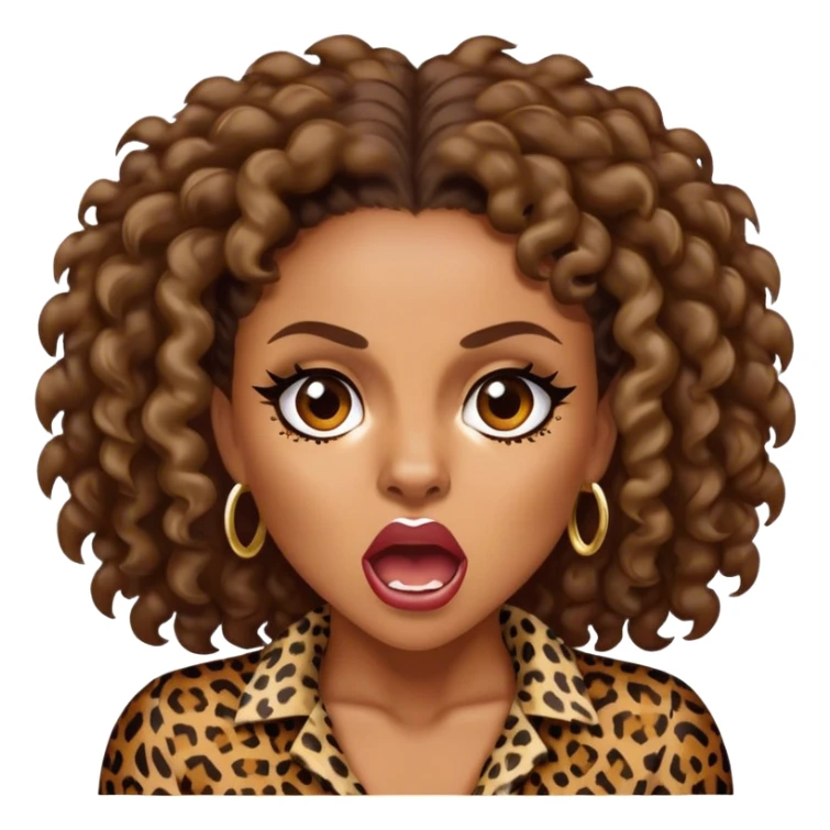 Melanie Brown with brown curls wearing leopard print and growling sticker