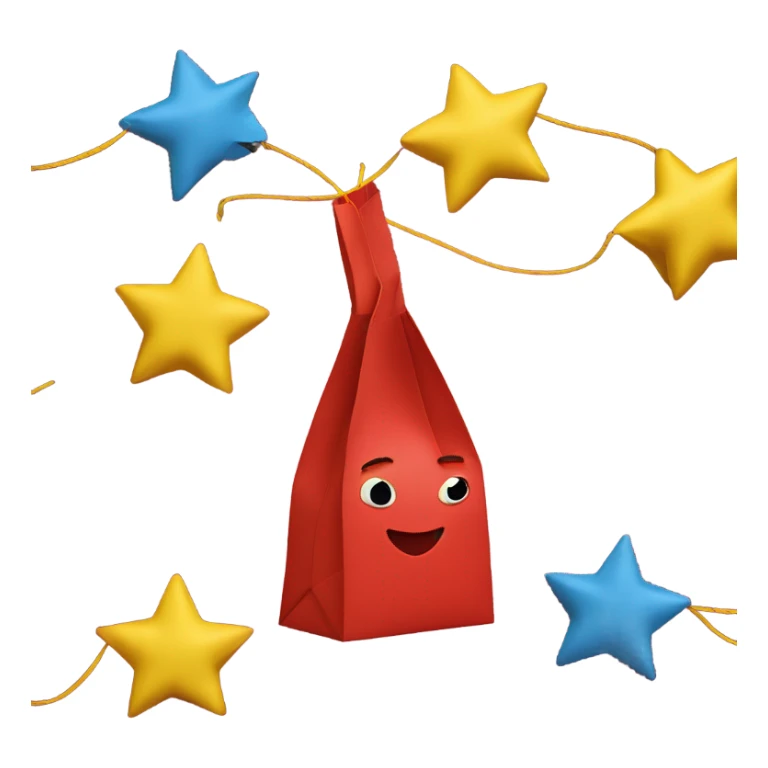 Four-pointed stars pop out of a red paper bag with a yellow string sticker