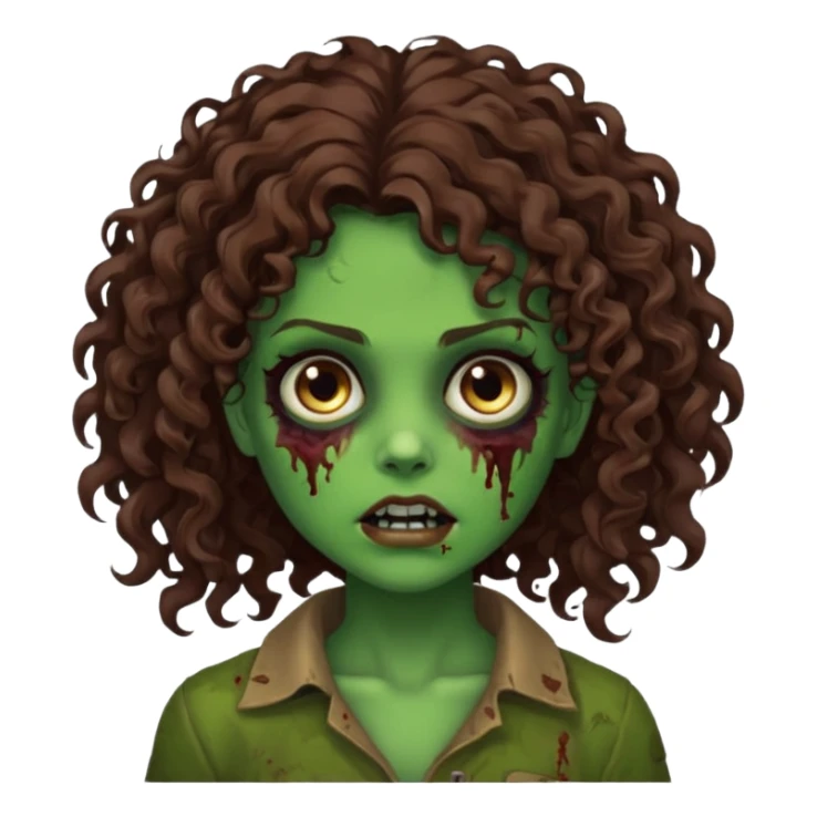 Faça uma garota zombie de cabelo cacheado castanho, olhos castanhos escuro e pele verde d zombie, com o cabelo grande sticker