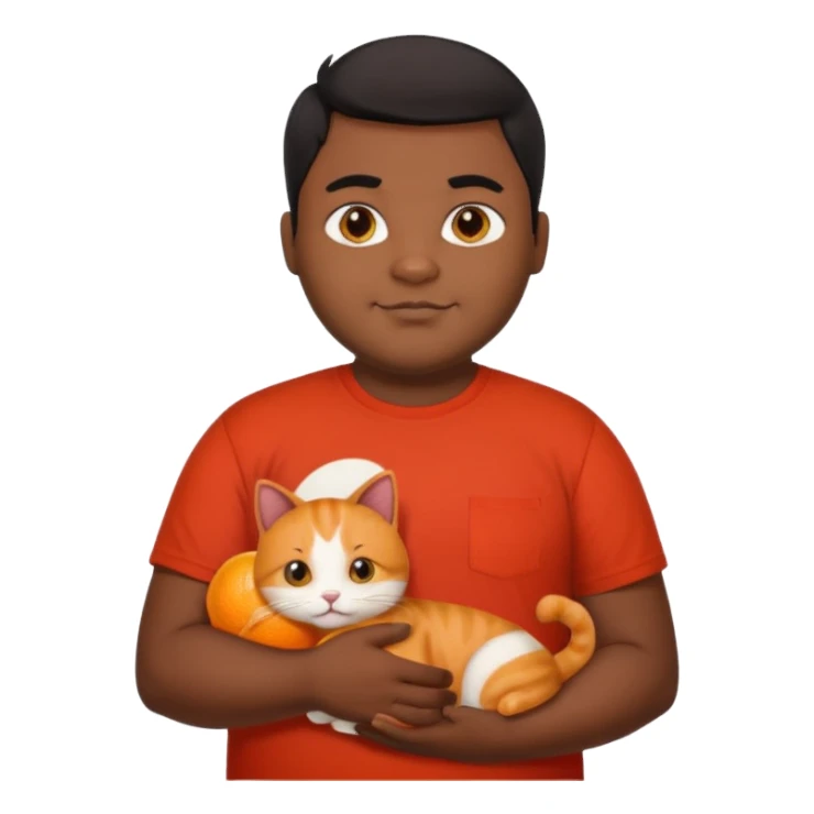 Indian black chubby guy with black middle parted hair in red t-shit with orange cat sticker