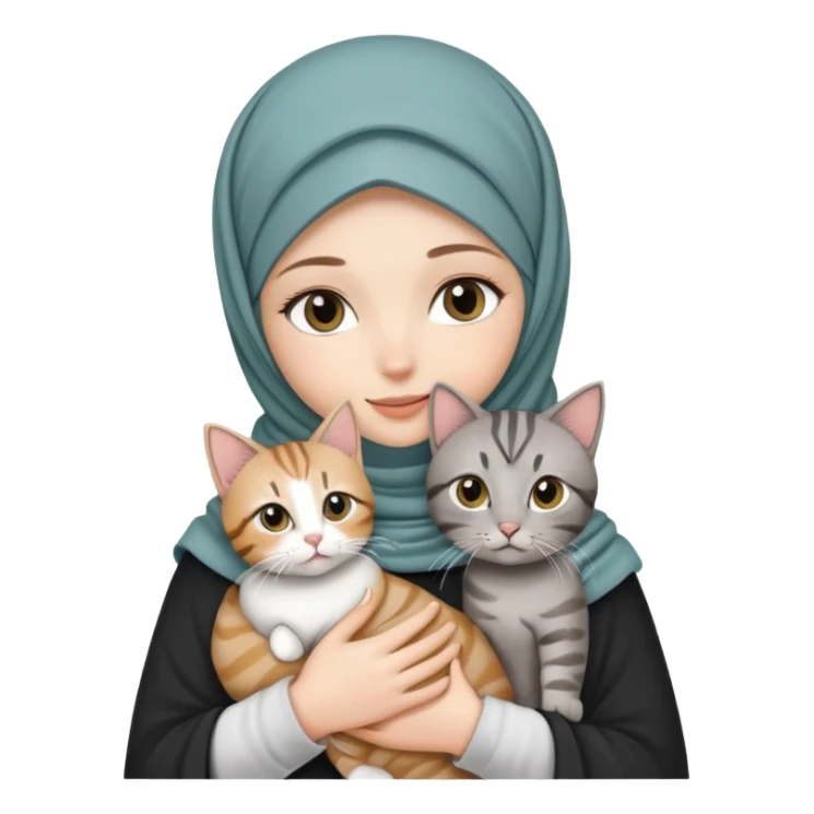 White girl wearing pretty hijab holding a black grey tabby cat while standing sticker