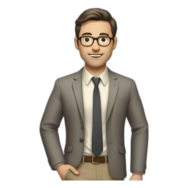 Full height Actively gesturing with hands Pale skinned fit man with dark brown hair in gray jacket, beige office shirt, brown tie, brown pants and vintage glasses. sticker