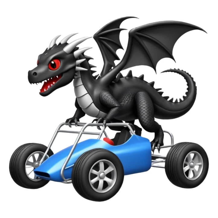 Special air-cooled three-cylinder race car whose frame and suspension is made of shopping cart material with a large rear-mounted gas tank, and rear spoiler, is being tested by a small black dragon  sticker