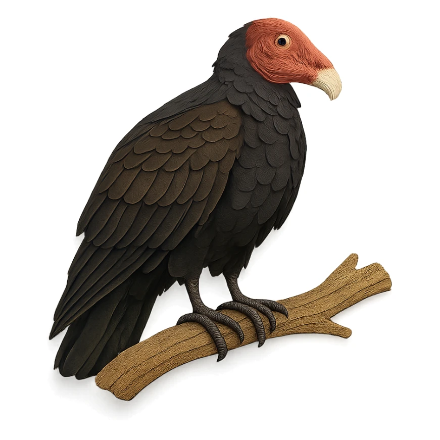 very detailed turkey vulture perched on a tree branch, intricate cut paper textures, dark brown and black feathers, red bald head, realistic markings sticker