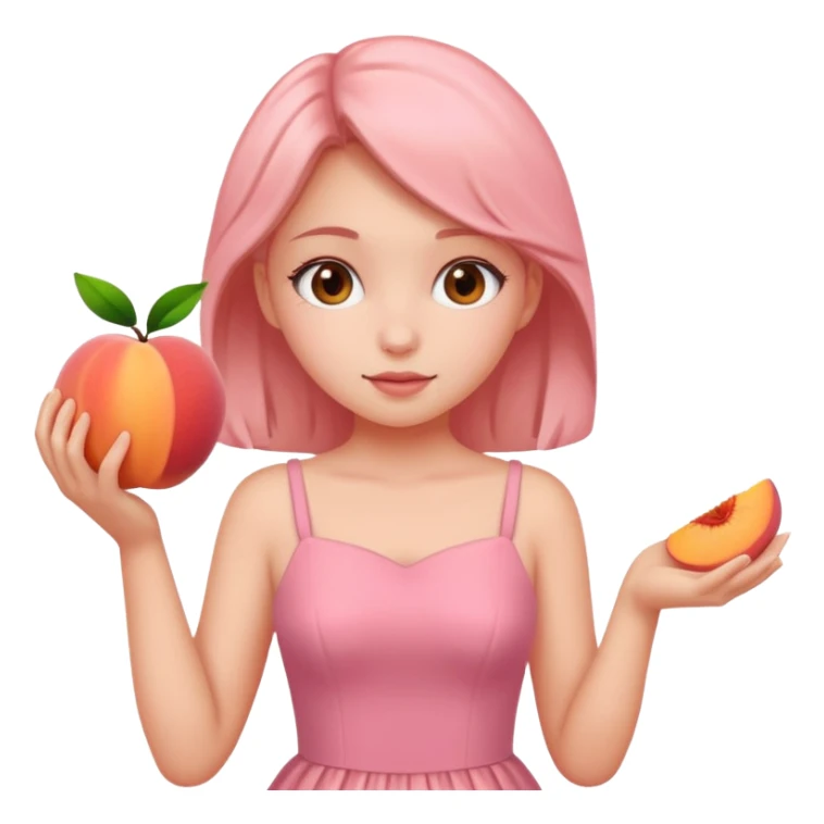 A girl wearing pink dress and take a peach sticker
