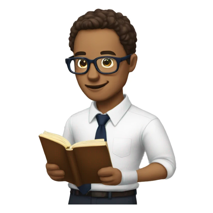 A man with specs white shirt and  navy blue tie reading a  book called New Human Revolution  sticker