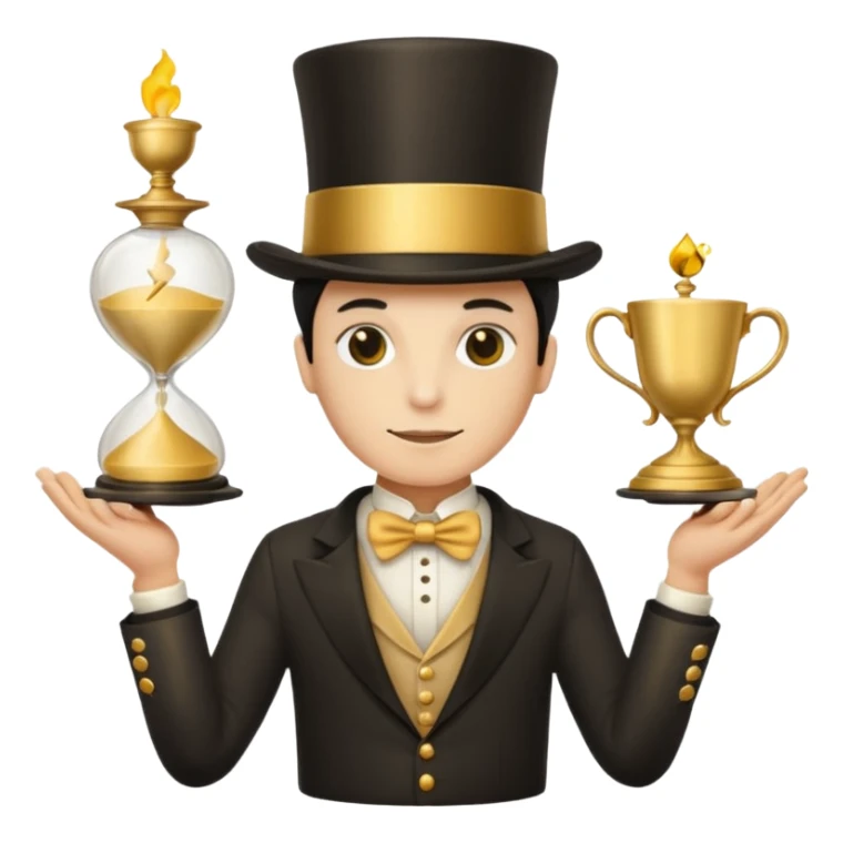 many hands in one, a top hat with a gold stripe, a golden hourglass, papers, a cup

 sticker