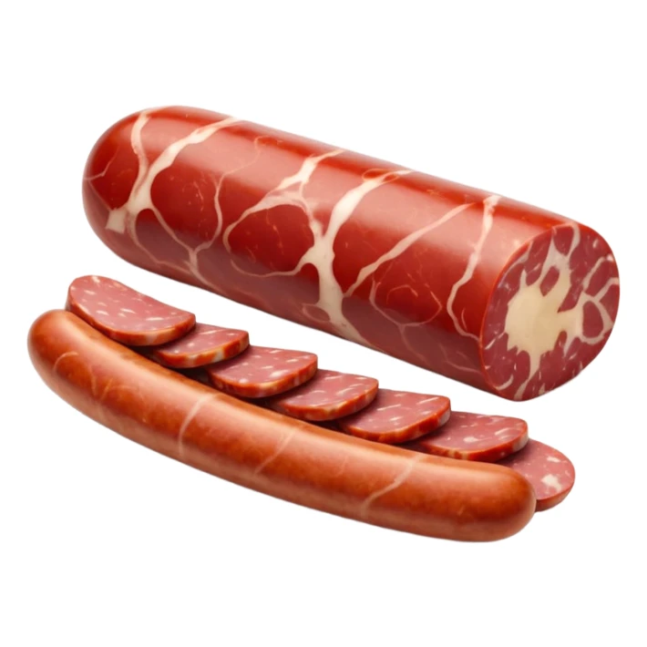 short cured sausage with dusty white casing, sliced at one end to show marbled red meat and fat, a few round slices beside it, no extras, soft lighting, subtle shadows, emoji scale sticker
